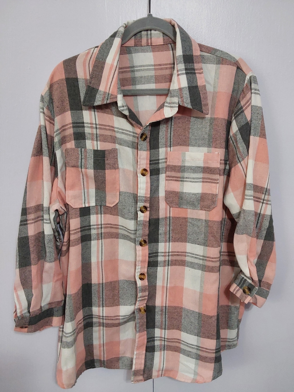 Peach and Gray Plaid Button-Up Shirt